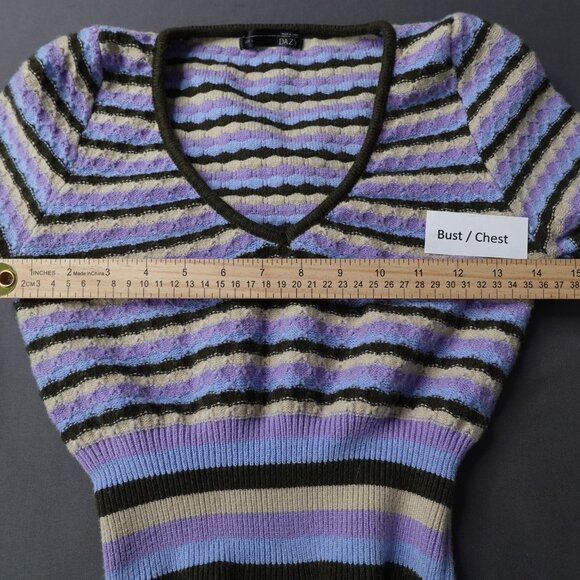 Womens Sweater Large Purple Green Cropped Y2K Bubble Sleeve Retro Preppy Indie - Picture 7 of 10